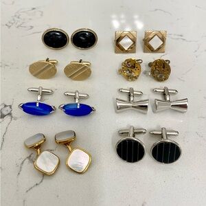 Vintage Men's Cuff Links Lot of 8- Gold Tone Silver Tone Pearl Enamel Blue Black